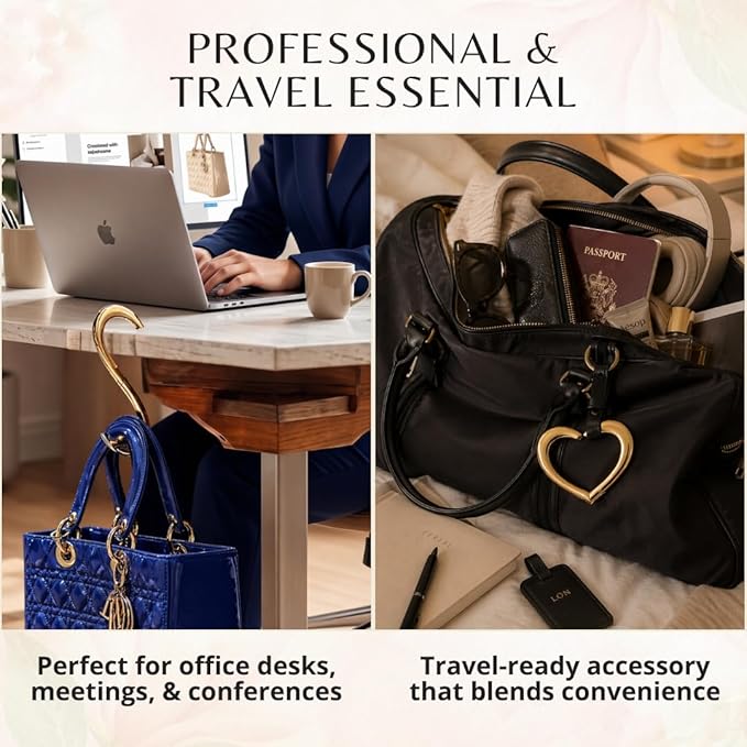 FafaConcepts The HookUp gold 14K bag hanger on a desk and attached to a travel bag