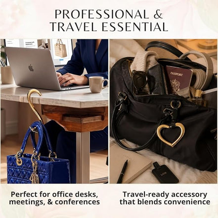 FafaConcepts The HookUp gold 14K bag hanger on a desk and attached to a travel bag