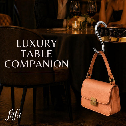 FafaConcepts The HookUp Platinum table bag hook holding a peach handbag